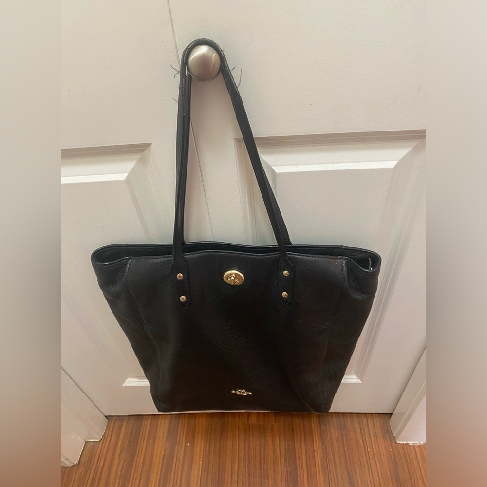 Coach Black Leather Tote with Gold Hardware
